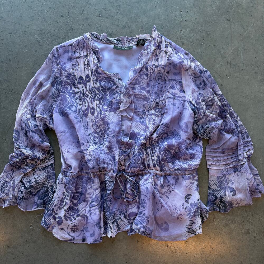 Vintage Y2k 100% Silk Purple Paisley Fairy Flowy Women's Longsleeve Blouse 2XL